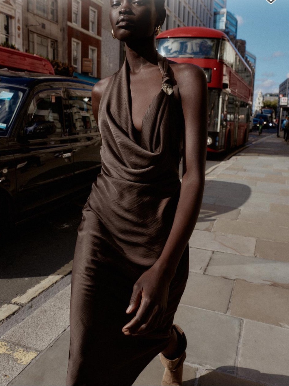 Zara Brown Satin Midi Dress with Cowl Neck with Gold Detail | M